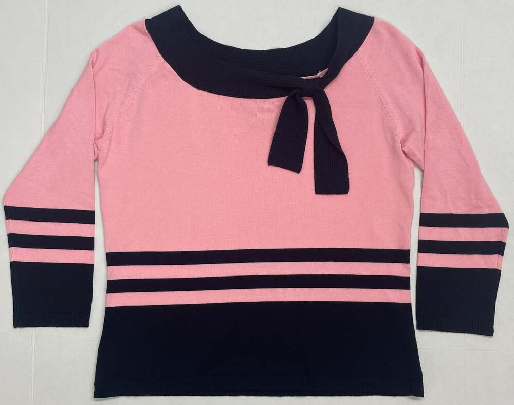 Rena Rowan Women’s Striped Tie-Neck Sweater Pink Navy Size M 3/4 Sleeve Preppy